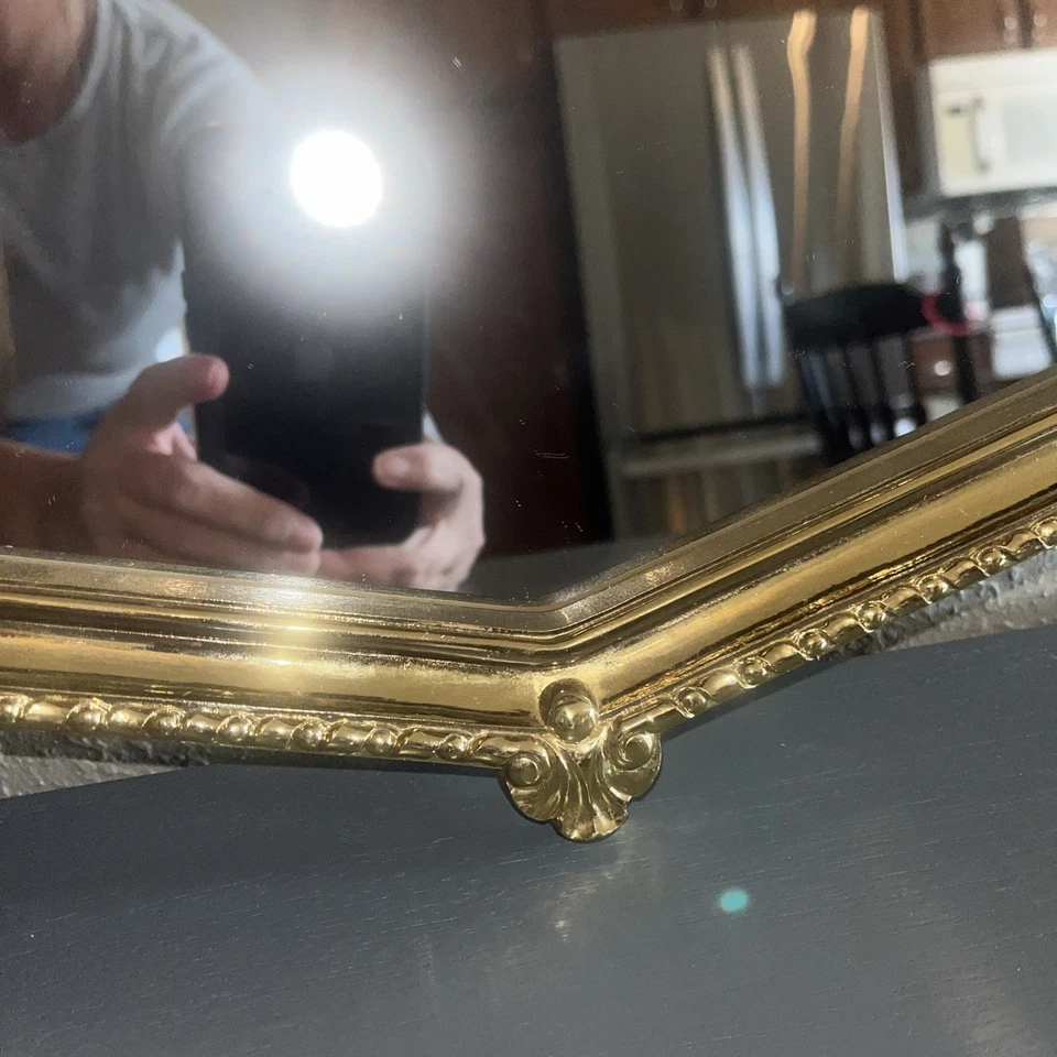 Home Interiors Vintage 1980's Gold Tone Fan Shaped Mirror 16.25"×10.5" Regency  - Image 3 of 4