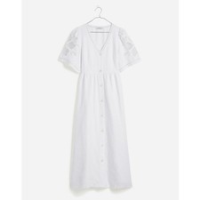 Madewell Cassie Button-Front Midi Dress in 100% Linen-Puff Sleeve Eyelet, Large