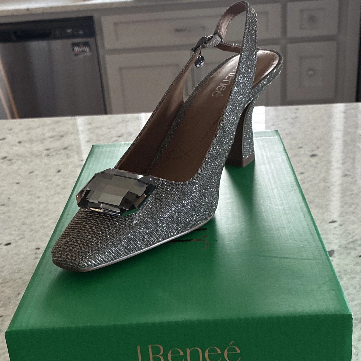 j renee charlotte glitter dress pumps J. Silver Block Heels for Women for sale Model Josephine