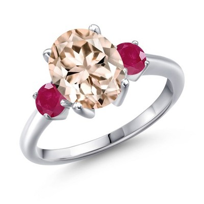 2.70 Ct Oval Peach Morganite Red Ruby 925 Sterling Silver Ring
