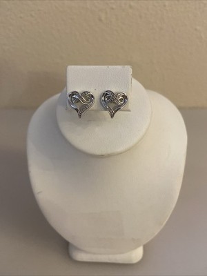 Sterling 925 Silver Genuine Diamond Chips Infinity Heart Stud Earrings