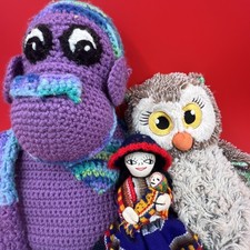 Vtg Colorful Peruvian Doll Handmade Lady w baby girls scout owl purple monkey 