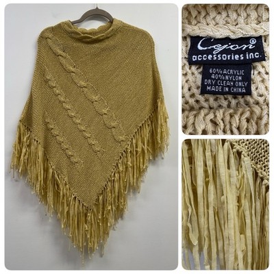 Cejon Yellow Tan Fringe Boho Poncho Knit Layering Minimal Knit One Size Fit Most