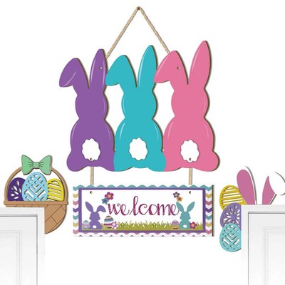 4Pcs Easter Bunny Egg Wreath Front Door Sign Spring Welcome Decor Wooden Hanging
