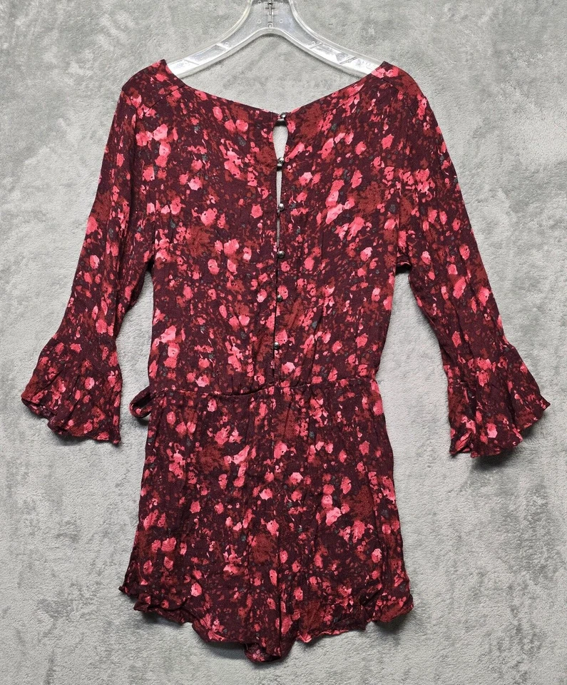 Free People Romper Womens Large Red Floral All The Right Ruffles Short Jumpsuit - Image 2 of 4