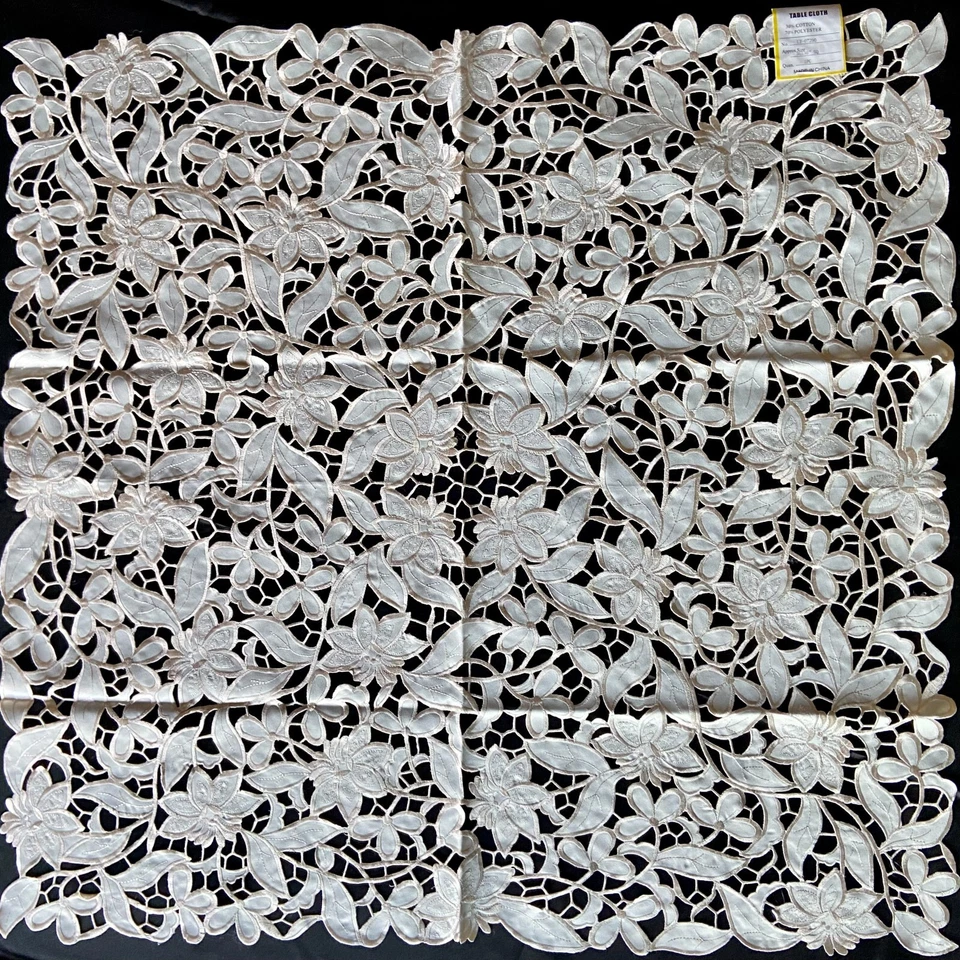 Vintage Embroidered Full Hand Cut Table Topper/Runner/Doily Ivory 36x36" RD/SQ - Image 2 of 4