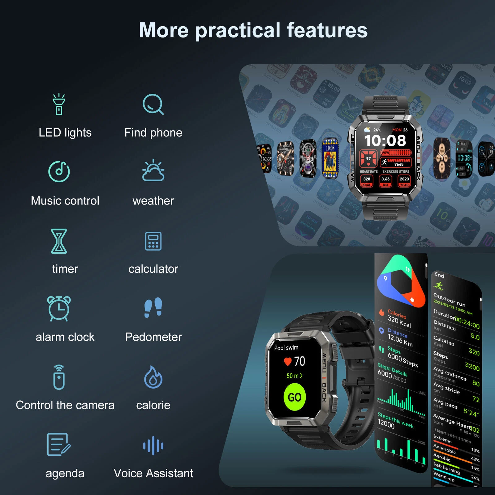 Smart Watch Military Tactical Men Sport Heart Rate Fitness Tracker Wristwatch US