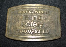 VINTAGE MOTOR WHEEL THINK SAFETY GOODYEAR Brass Tone Belt Buckle 1970's EUC