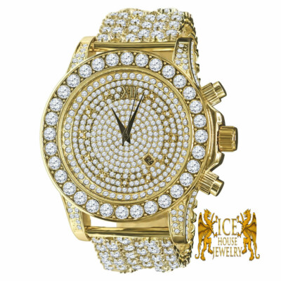 Custom Solitaire Bezel  Y/Gold Tone Simulated Diamonds Bling Master Watch W/Date