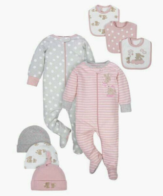 Wonder Nation Baby Girls Sleep 'N Play, Cap and Bib Set, 8-Piece- Bunnies