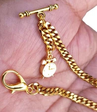  Gold Plated Pocket Watch Chain With T-Bar End and Ornate Fob 