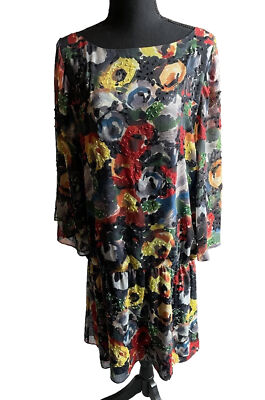 alice and olivia sequin floral dress Alice + Olivia Floral Print Dress Long Sleeve Boho Shift Mini Party  Cocktail