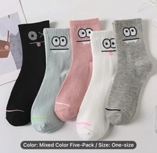 5 Pk Retro Funny Face Cartoon Socks Assorted Novelty Mid Calf Cotton Socks