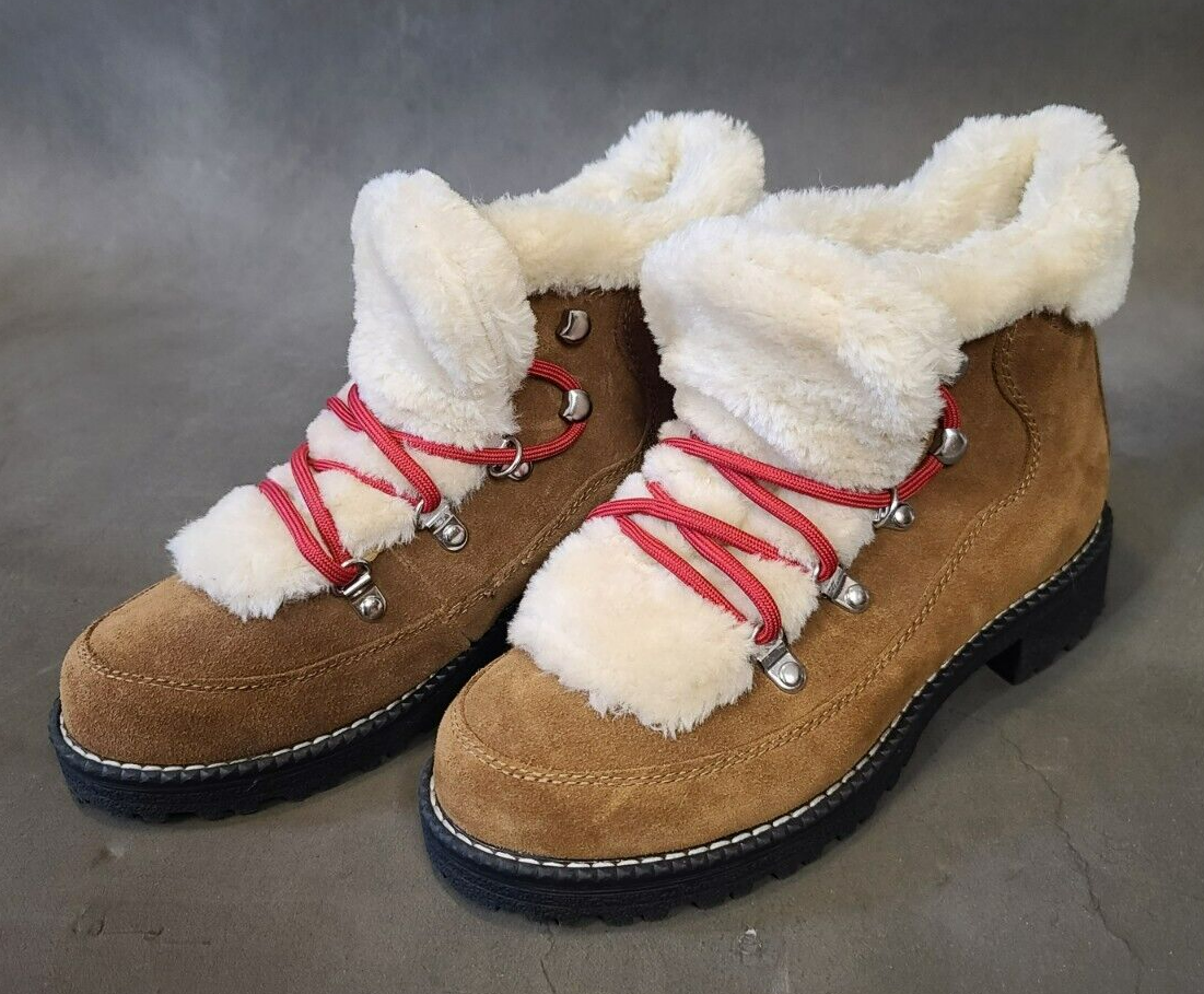 Crew Brown Suede Boots Faux Fur Lining Red Lace-up Size 7M