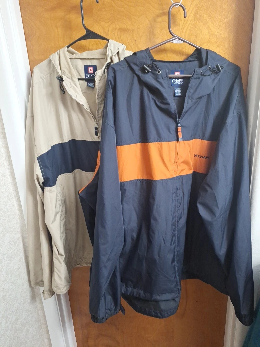 Vintage PAIR Chaps Full Zip Windbreaker Jacket Mens 4XB Blue Khaki Hooded W5
