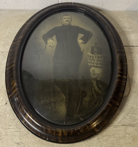 Rare Antique Emulsion Photo Canvas German Soldier Skull Hat Convex Glass Frame