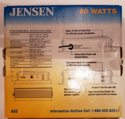 Jensen A82 Stereo Amplifier 40 Watts Max x 2 80 Watts New-In-Box