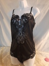 Vintage Kayser Size 36 Bodysuit Slip Black Satin Lace Nightie Lingerie Feminine