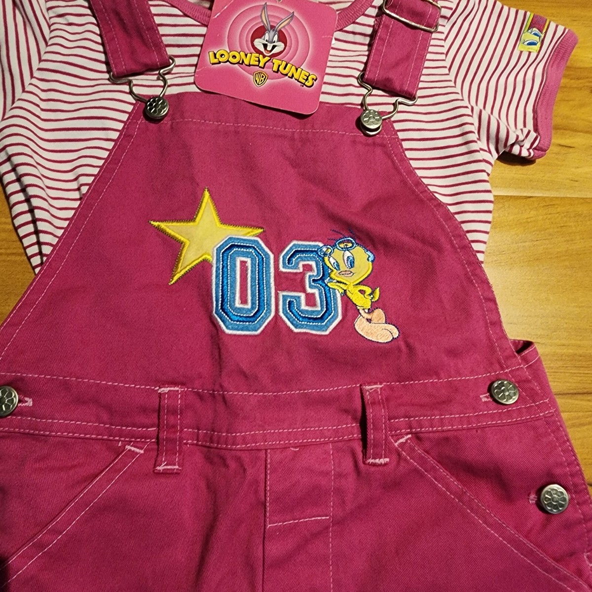 Vintage Looney Tunes Tweety Bird Pink Bib Overall Short Set Kids M
