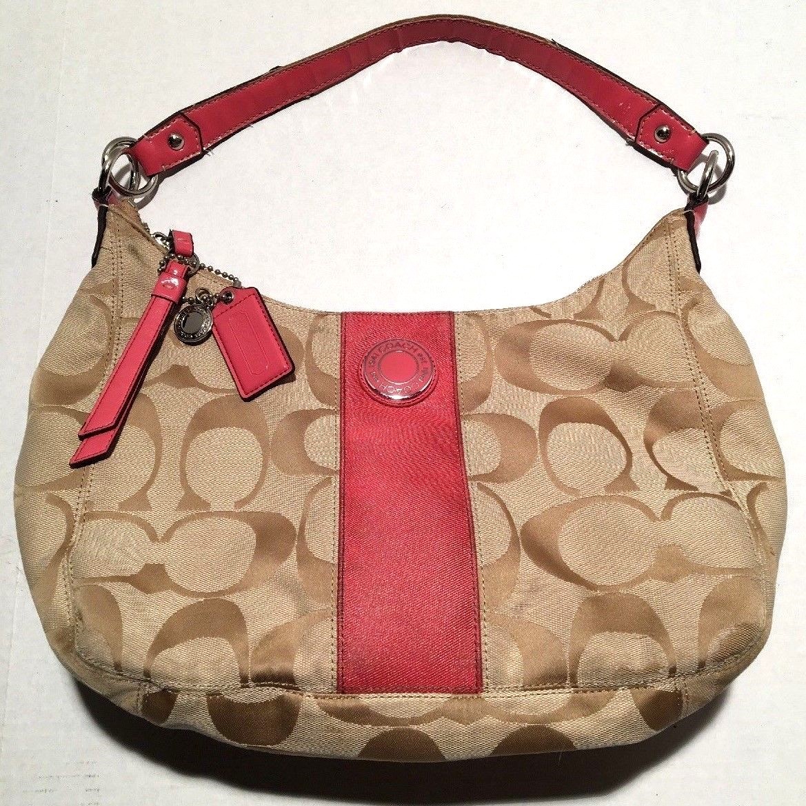 RARE* BERRY PINK & KHAKI COACH SIGNATURE STRIPE HOBO PURSE RARE* BERRY PINK & KHAKI COACH SIGNATURE STRIPE HOBO PURSE