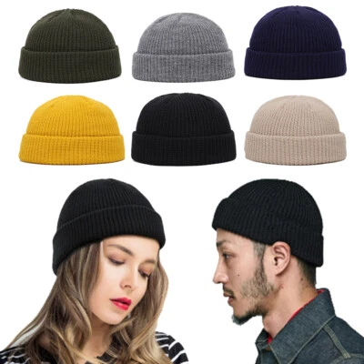 Men Mini Short Fisherman Beanie Hat Winter Warm Knitted Ribbed Docker Skull Cap