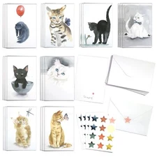 Cute Watercolor Cats Greeting Cards Box of 24 cards with Envelopes and Seal S...