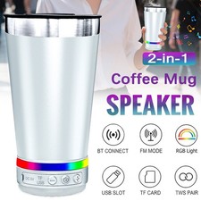 Portable Travel Mug With Bluetooth LED Speaker Stainless Steel Tumbler FM TWS