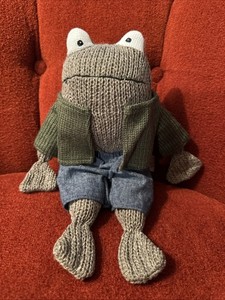 Creative Co-op Frog Plush Stuffed Animal Knit Brown with Green Sweater