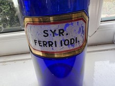 Apothecary Bottle cobalt blue c19th gilt label Syr Ferri Iodi Chemist Drug