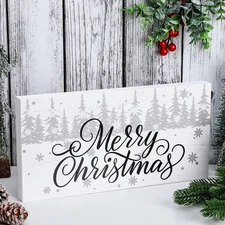 Merry Christmas Wood Box Sign Plaque White Farmhouse Winter Wooden Christmas Dec