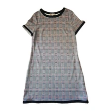 Jude Connally Short Sleeve Shift Dress Navy Whit Orange Patchwork Houndstooth XL