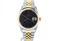 Rolex Mens 16233 Datejust Two-Tone 18K Gold Stainless Watch Black Tapestry Dial