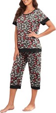Women's Short Sleeve Pajama Set Shirt Capri Pants Sleepwear Lounge Set - Large