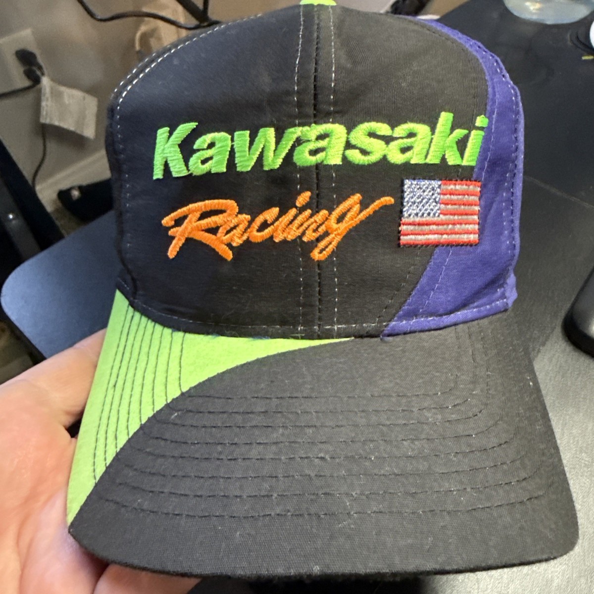 Vintage Kawasaki Racing Snapback Hat Cap USA Flag Checkered Flag
