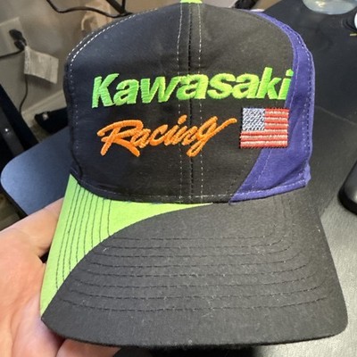 Vintage Kawasaki Racing Snapback Hat Cap USA Flag Checkered Flag