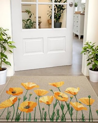 Spring Floral Door Mat, Low Profile Thin Mesh Doormats, Dirt
