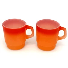 Set Of 2 VTG Anchor Hocking Fire King Orange Ombré Coffee Mugs Cups