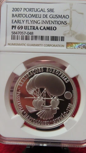 2007 PORTUGAL SILVER 8 EURO EARLY FLYING INVENTIONS NGC PF 69 ULTRA CAMEO TOP