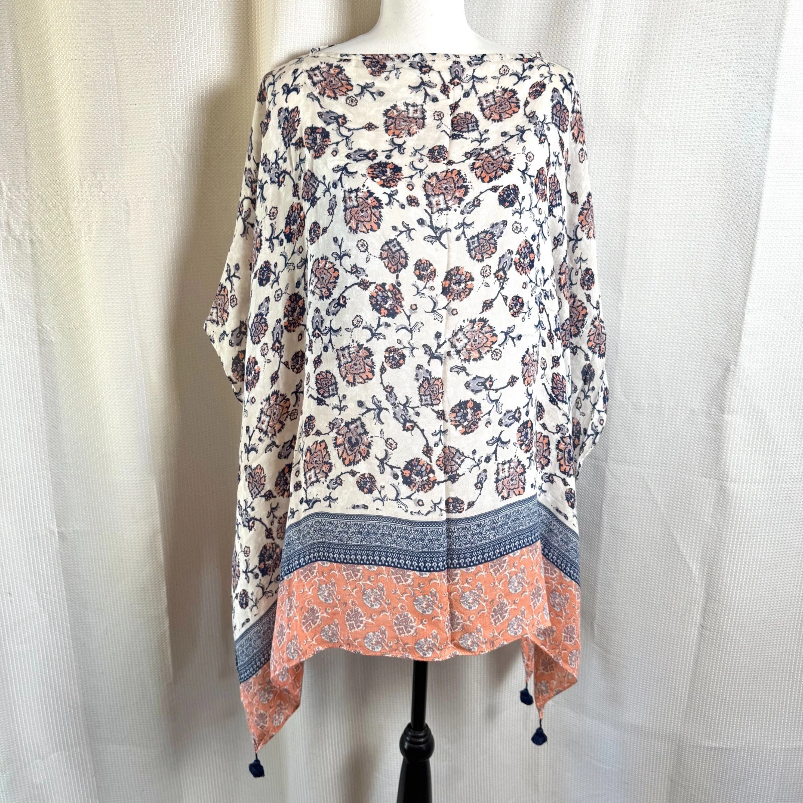 J Jill Floral Lightweight Handkerchief Poncho Kimono Boatneck Tassel Boho EUC