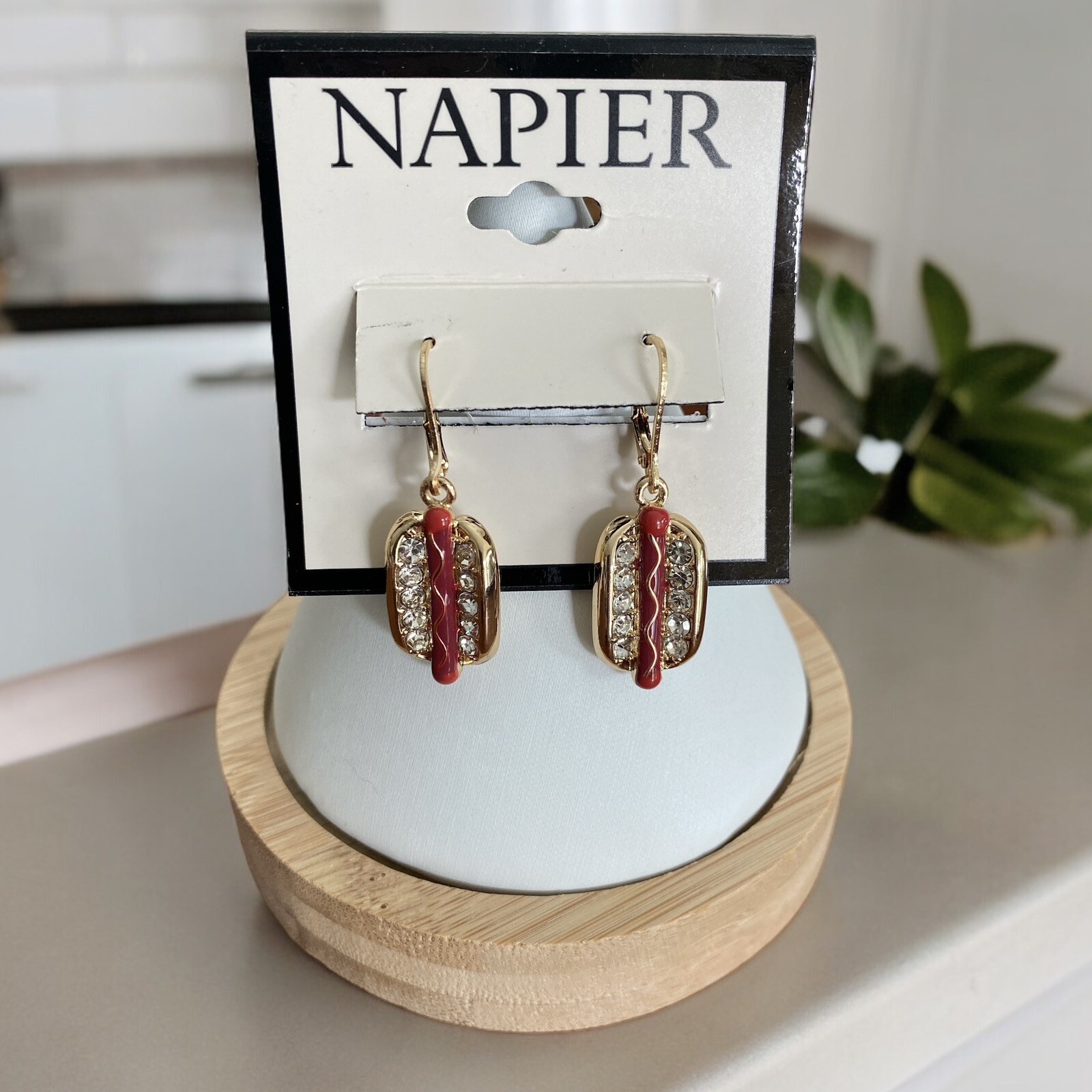 Napier Gold Tone Crystal Junk Food Hot Dog Drop 1 1/2" EarringsNWT eBay