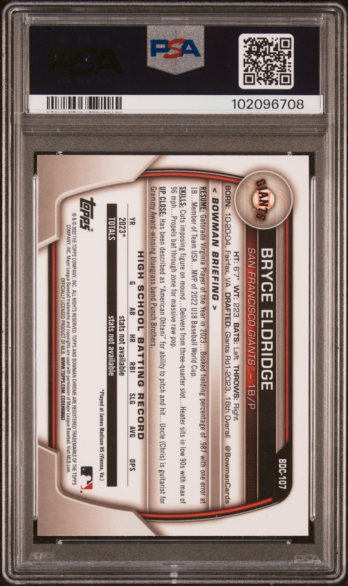 PSA 10 BRYCE ELDRIDGE 1st 2023 Bowman Chrome AQUA LNR PSA 10 BRYCE ELDRIDGE 1st 2023 Bowman Chrome AQUA LNR