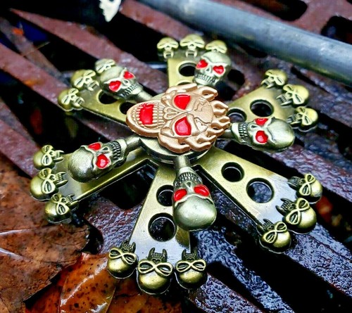Dual All Metal Fidget Spinner Skulls Gold Toy Boys Girls Kids Adults ADHD Focus - Picture 3 of 12