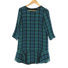 Madewell Silk Ruffle Hem Green/Blue Plaid Mini Dress Size 2 S/E5951 Long Sleeve