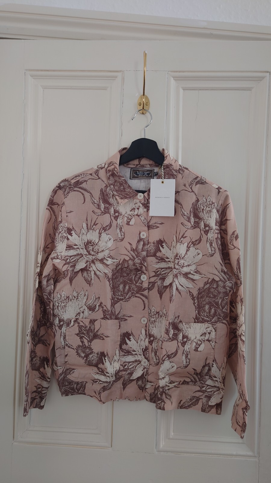 Desmond & Dempsey Pocket Pyjama Shirt Only Night Bloom Print Rose Latte Linen S