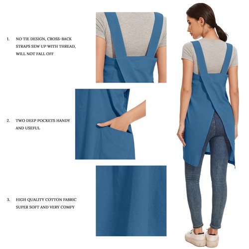 Women Apron with 2 Pockets Cotton Linen Kitchen Baking Cooking Chef Cross Bac... - Picture 6 of 7