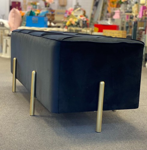 Premium Bed End Velvet Bench/Tufted Ottoman with Gold Metal Legs - Classic Black - Picture 21 of 24