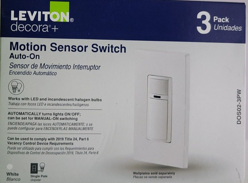 Decora Motion Sensor In-Wall Switch, Auto-On, 2A, Single Pole, 3-Pack, DOS02-3PW