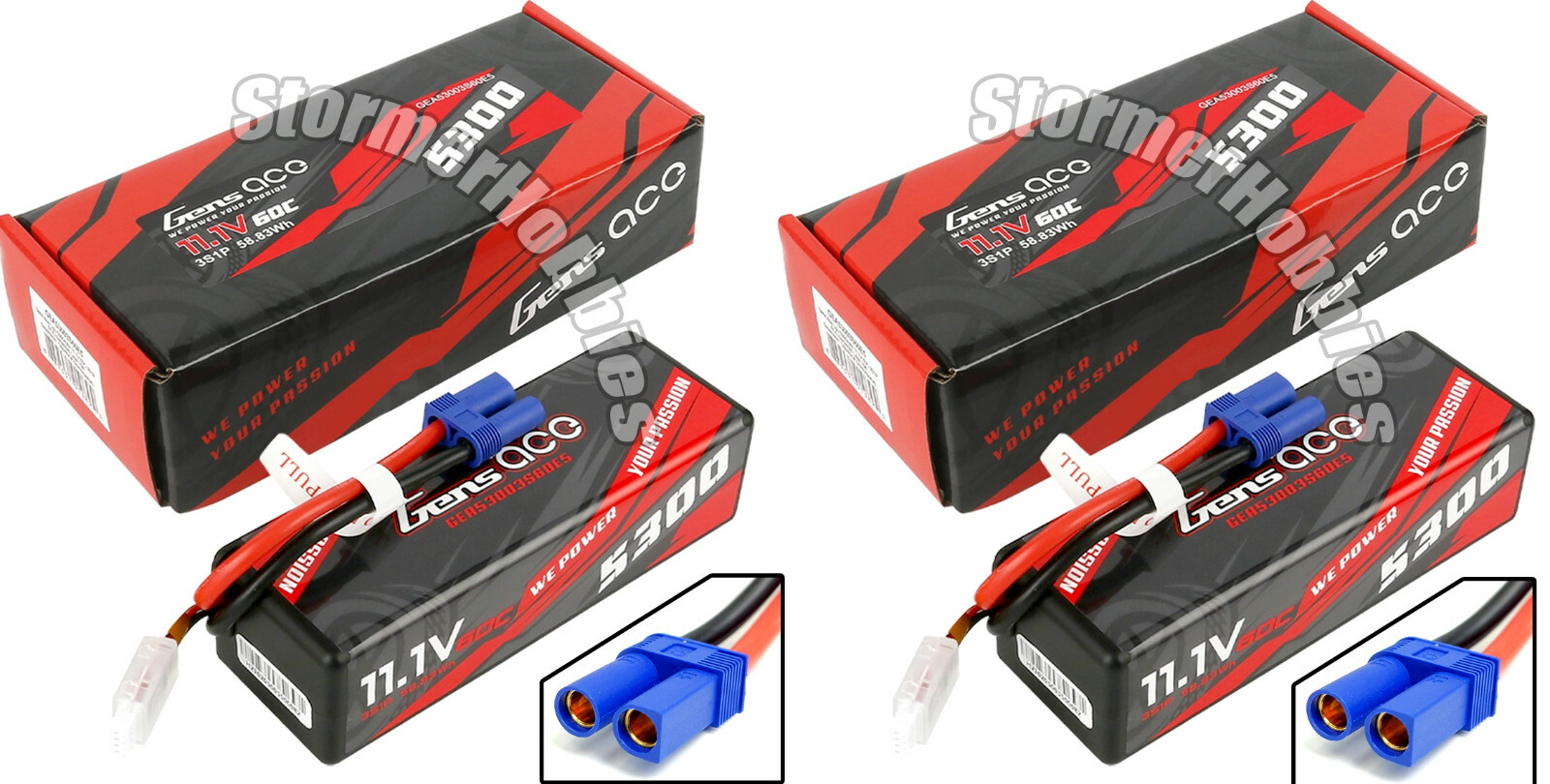 2 Gens Ace 5300mAh 11.1V 60C 3S HardCase RC Lipo Batterys w/ EC5 Plug GA10894