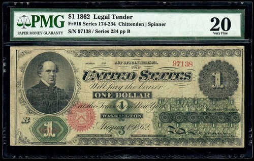 1862 $1 Legal Tender Fr. 16 PMG 20 VF