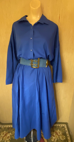Vintage 70s Solid Blue Shirt Dress Size L Side Pockets Made in USA - Picture 2 of 7